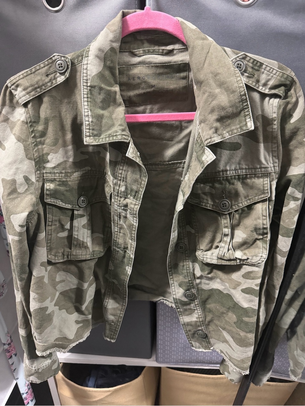 Aeropostale Women's Camouflage Utility Jean Jacket - Green/Tan